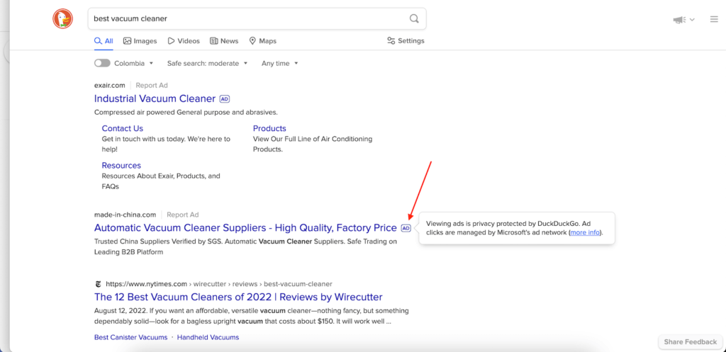 How does DuckDuckGo make money? Primarily due to search ads like the one shown in this photo. 