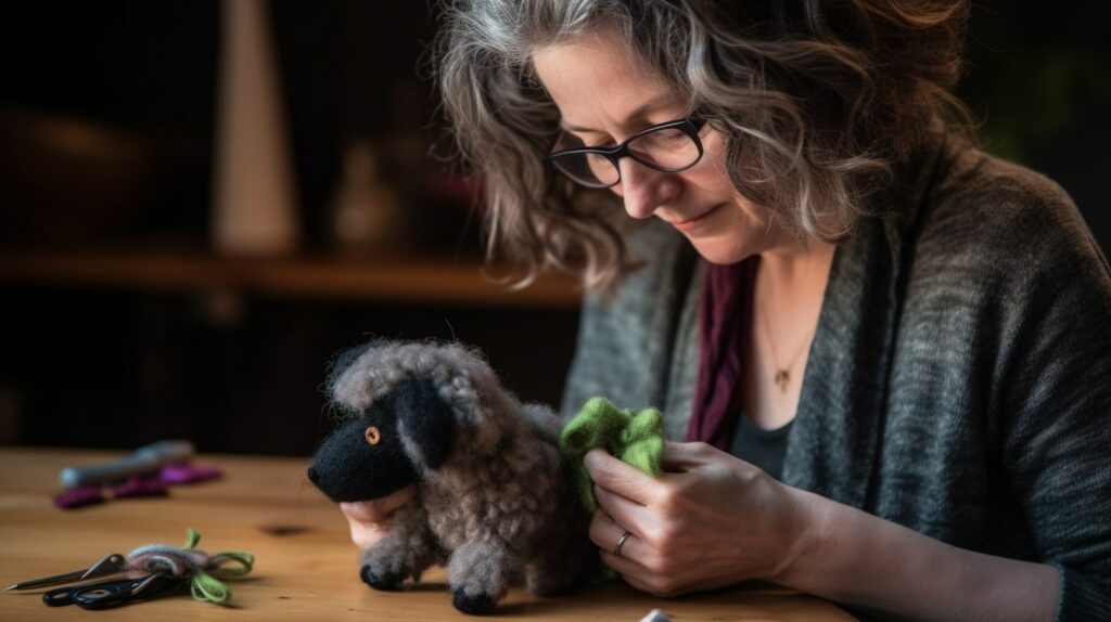 A craftswoman making a puppy with her hands at her workbench. 