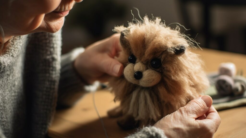 A woman bringing her craft business name ideas to life by making a felt puppy by hand. 