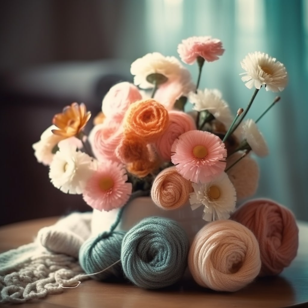 A bouquet of yarn, hand-knit flowers, and flowers. Looking for craft business name ideas? Look no further
